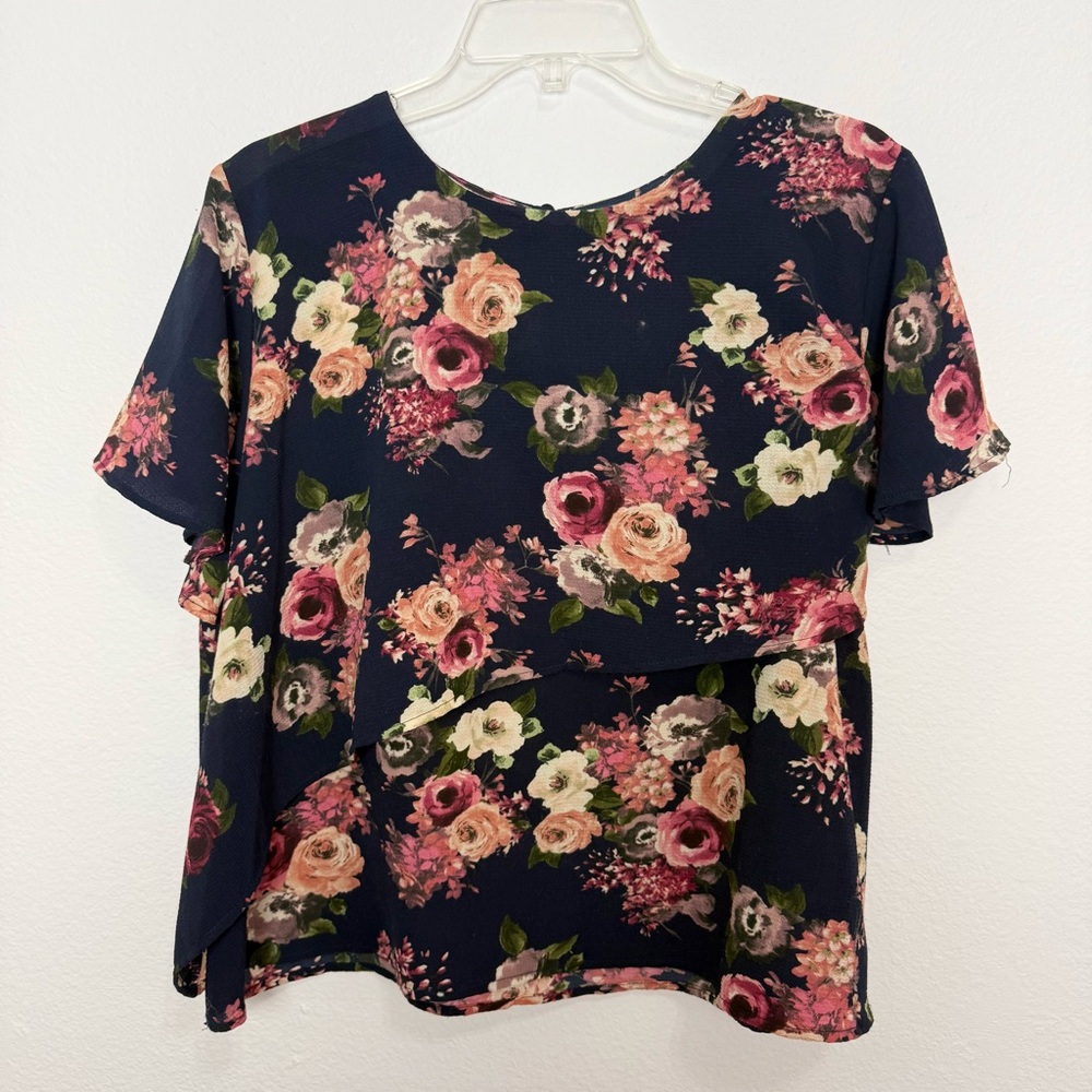 Halogen (Nordstrom) Floral Navy Blue & Pink Blouse w/ Flutter Sleeves Work Top
